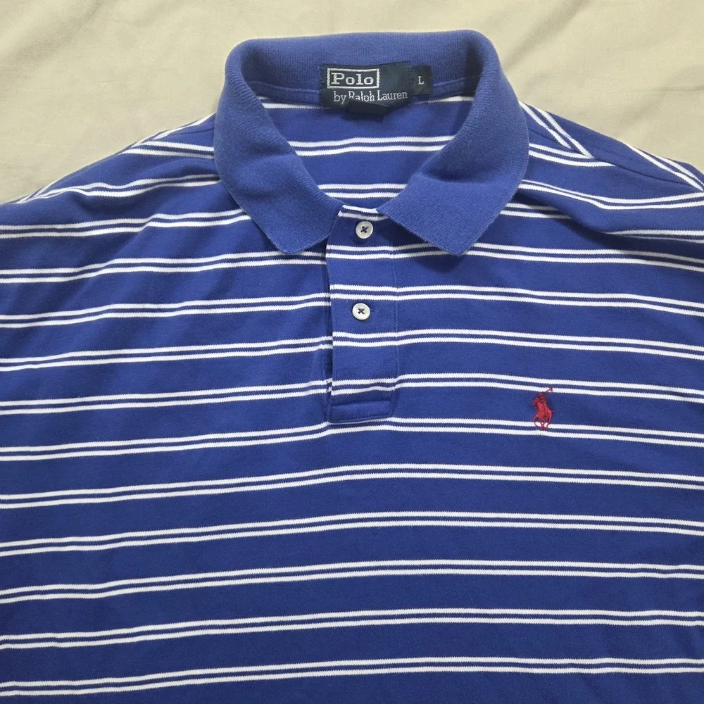 Polo Ralph Lauren Striped Polo Shirt Mens L Blue White‎ Pony Logo Short Sleeve